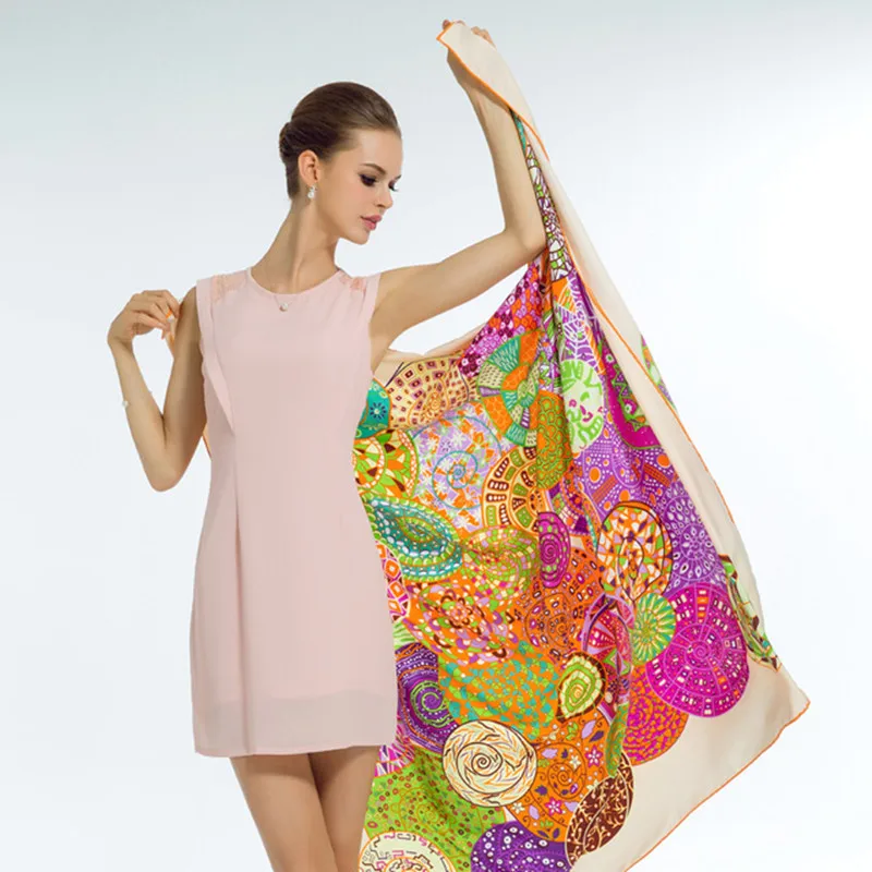 100% Twill Silk Square Scarf Fashion Luxury Brand Printed Head Scarves 130*130CM Soft Shawl Wrap Hijab Scarf for Ladies