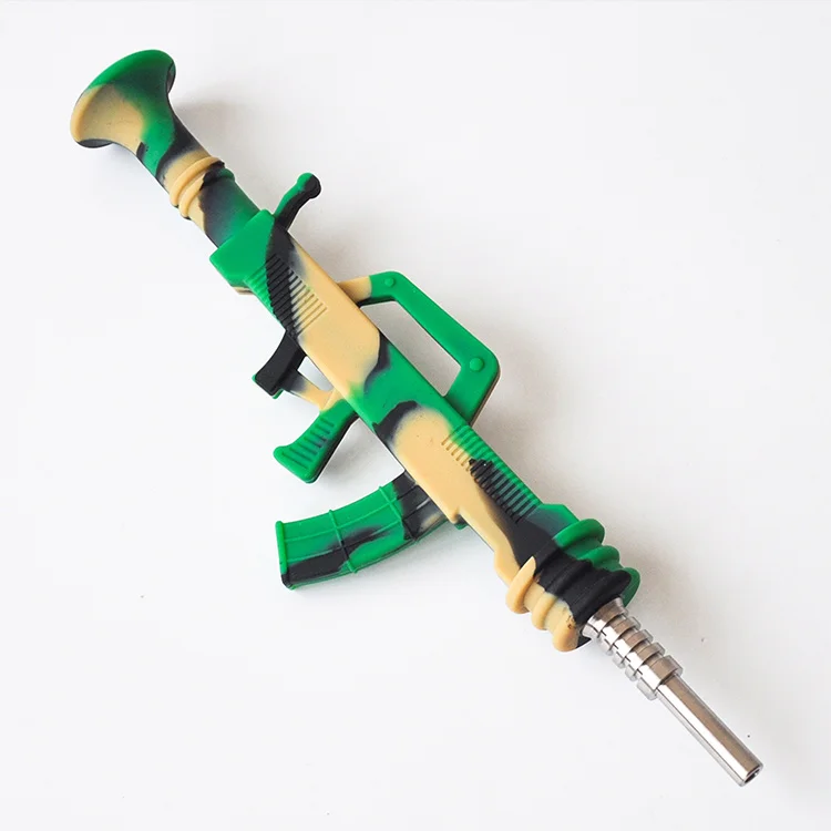 Gun shape AK47 smoking pipe Wax oil Silicone Nectar Collector with14mm Stainless Steel