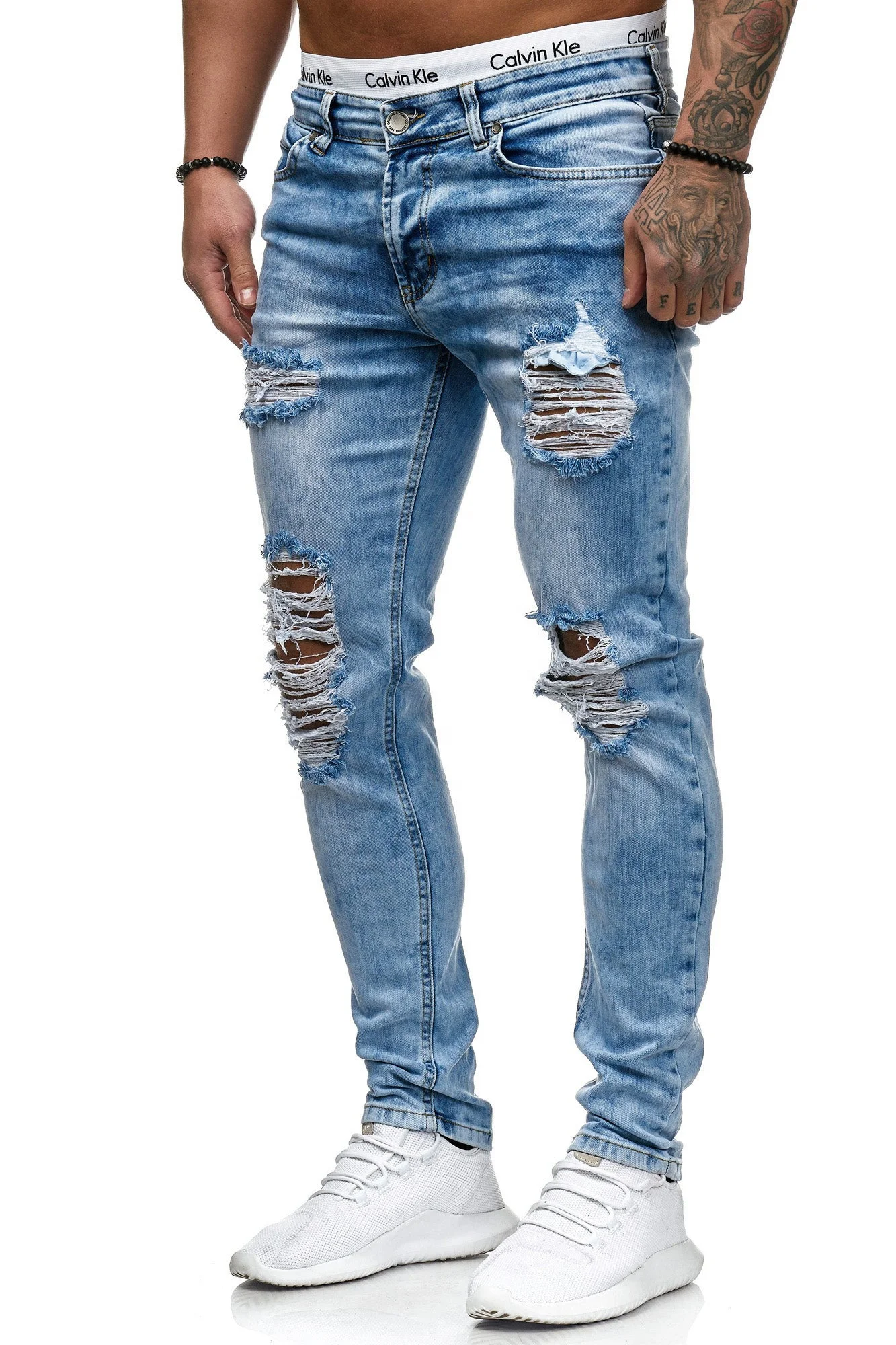 Wholesale custom mens cotton ripped pants distressed stylish designer skinny homme fit slim  man stretch denim jeans for men