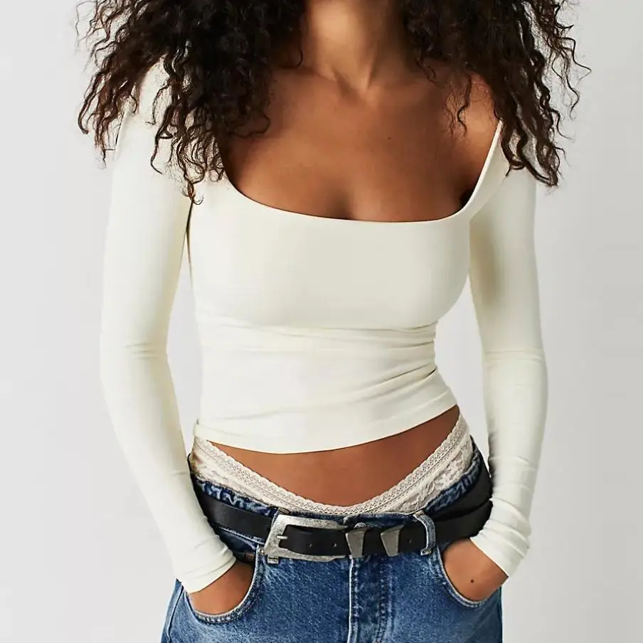 2024 Wholesale Custom New Style Casual Long Sleeve Autumn Winter Slim Fit Square Collar Solid Color White T Shirt Crop Top Woman