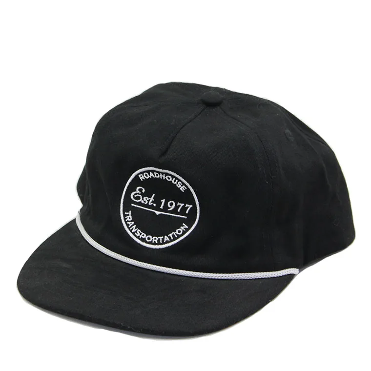 high quality customized unstructured 5 panel camp yupoong hat with strip and custom embroidery and rope logo