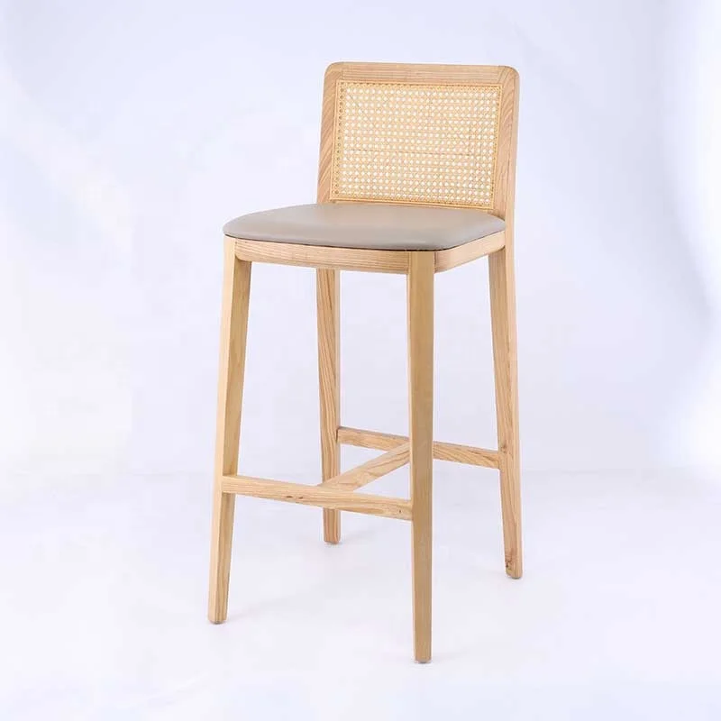 Solid Wood Rattan Bar Stool Household High Chair for Home Office