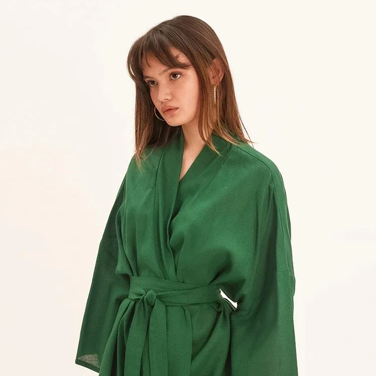 Hiloc Green Cotton Light Robes For Coverage Mid-Calf Night Dress Women Robe With Sashes Long Sleeve Bathrobe Female Albornoces