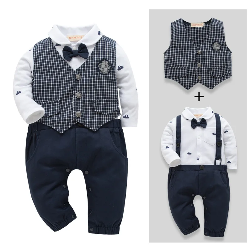 Newborn Baby boys gentle Clothing Set long sleeves cartoon printed shirt romper pants top + plaid vest suit outfits Clothes set