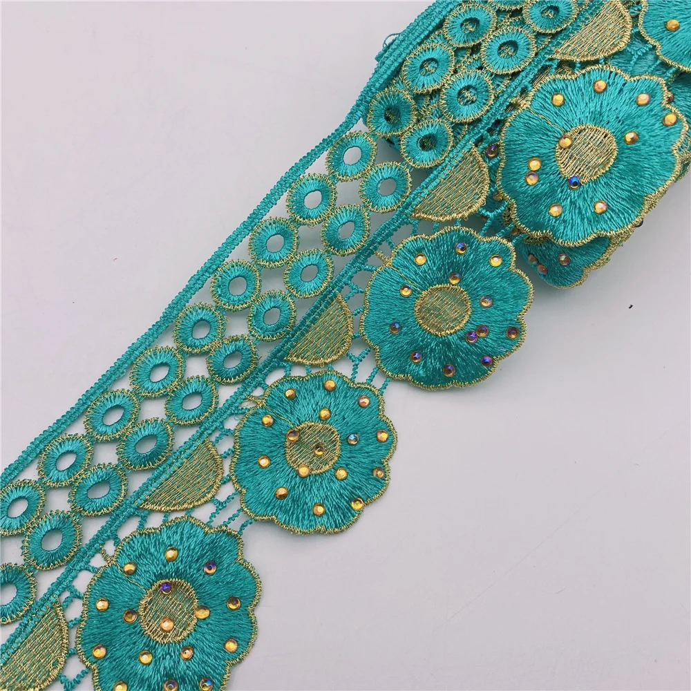 Beaded Sequin Rhinestones Floral Embroidered Lace Fabric Ribbon Trim Crochet Guipure Applique Motif for Wedding Dress