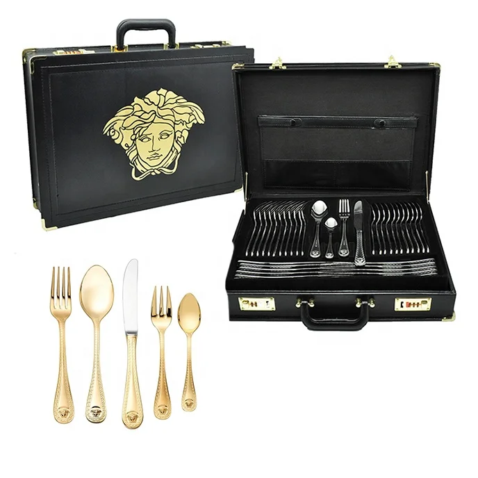 Stainless Steel Bulk Stocked 24 Piece Cutlery Set 24k Luxury Medusa Gold Plated Cutlery 24 Pcs Set with wooden case