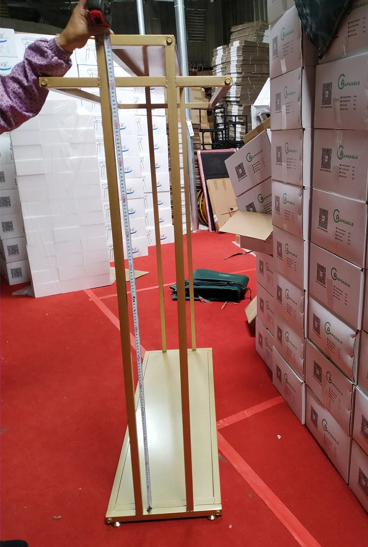 heavy duty Iron Clothing Store Display Stand Floor Double Row Side Hanging Shelf Golden Clothes Shelf Garment Racks Factory