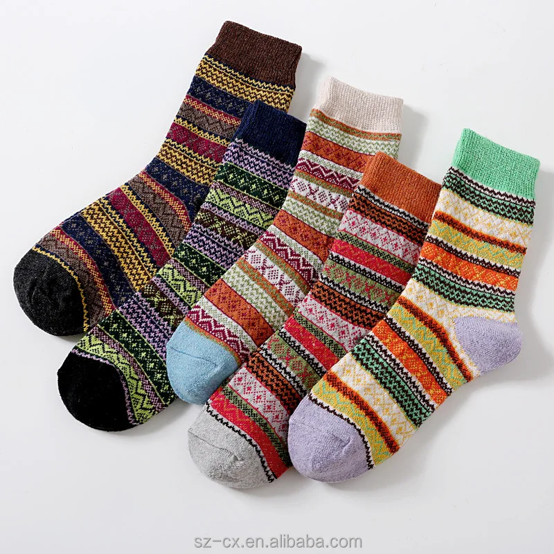 2022 Custom Multicolor Novelty Vintage Fashion Ladies Warm Fluffy Thick Wool Crew Knitted Socks 5 Pack Soft Winter Women Socks