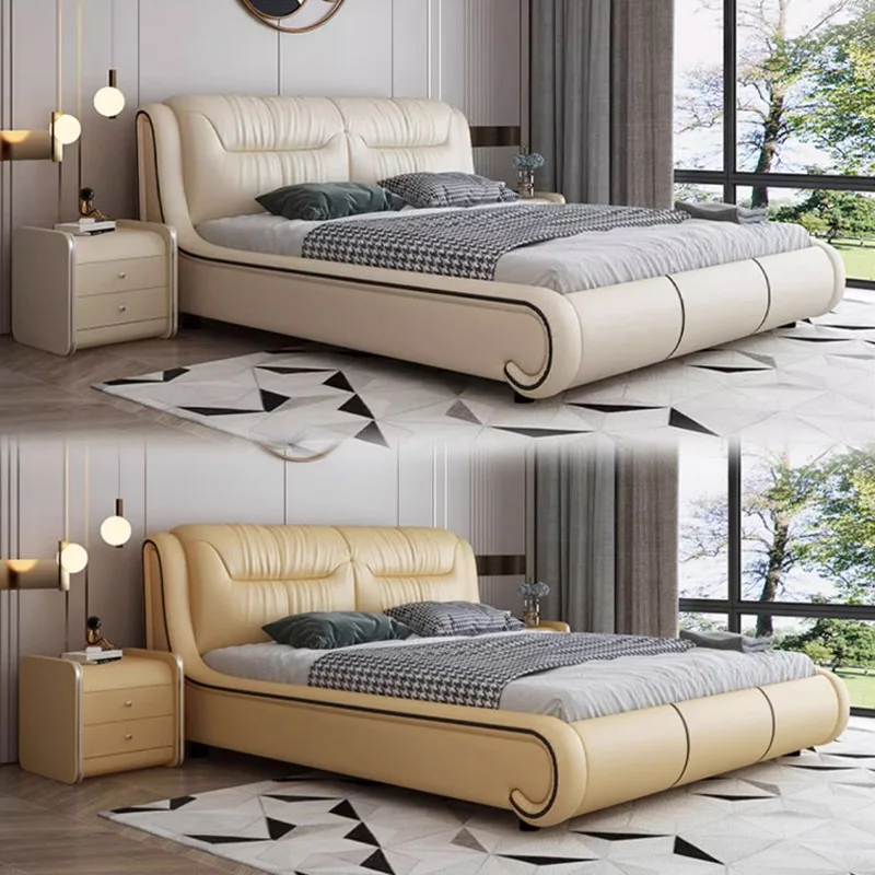 Customized Modern King Size Luxury Bed Frame Lit Complet Leather Master Upholstered Bedroom Furniture Set