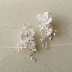 SLBRIDAL Ins Style Sparkling Zircon Crystal Rhinestones Porcelain Flower Freshwater Pearls Bridal Wedding Earring Women Earrings