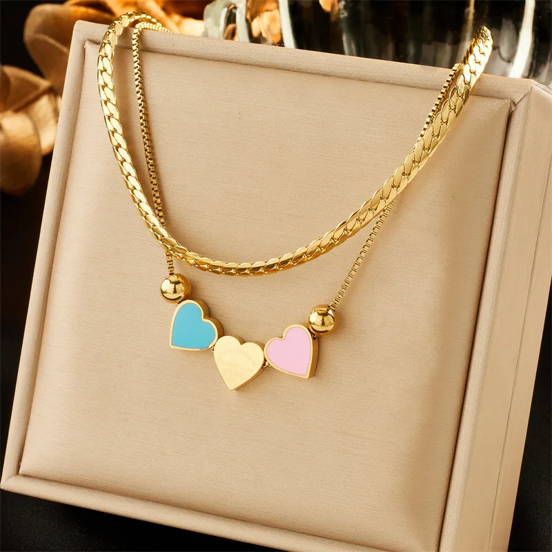 Stainless Steel Double Layer Lovely Heart engraved Necklace For Women Girl Fashion Waterproof Chains Non-fading Jewelry