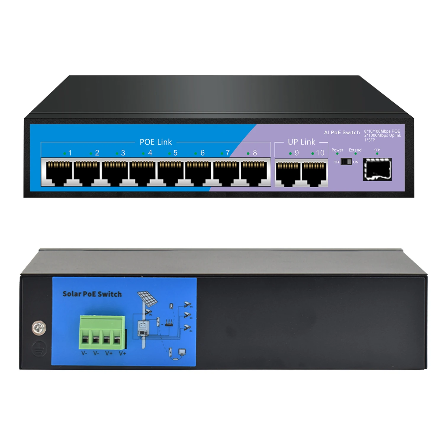 8+2 port solar poe switch 10/100mbps ethernet sfp switch Default/EXTEND+VLAN mode 8 port poe switch for IP camera