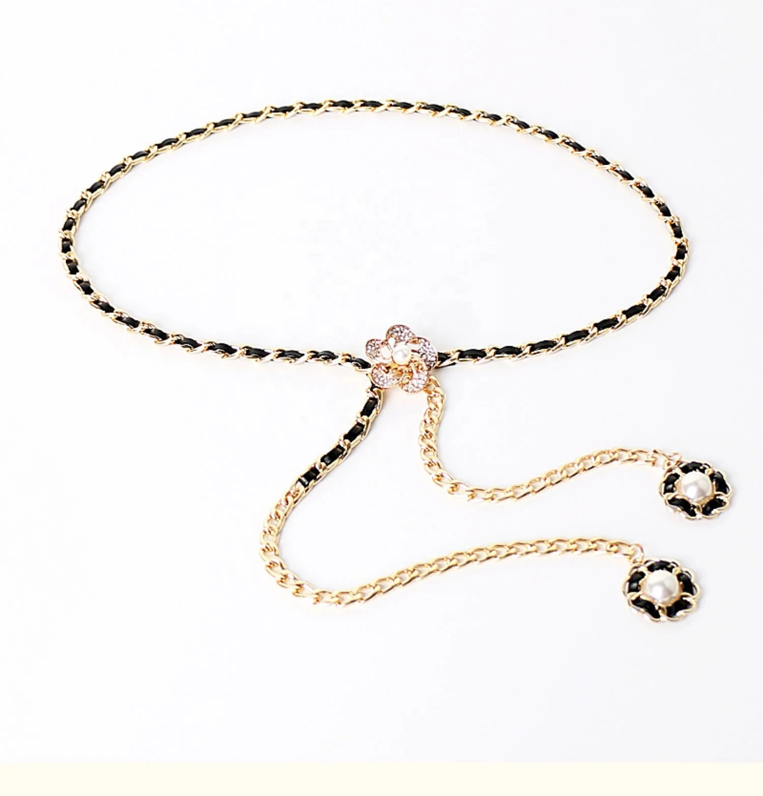 Trendy new metal belt with diamonds and pearls female wist chain belt