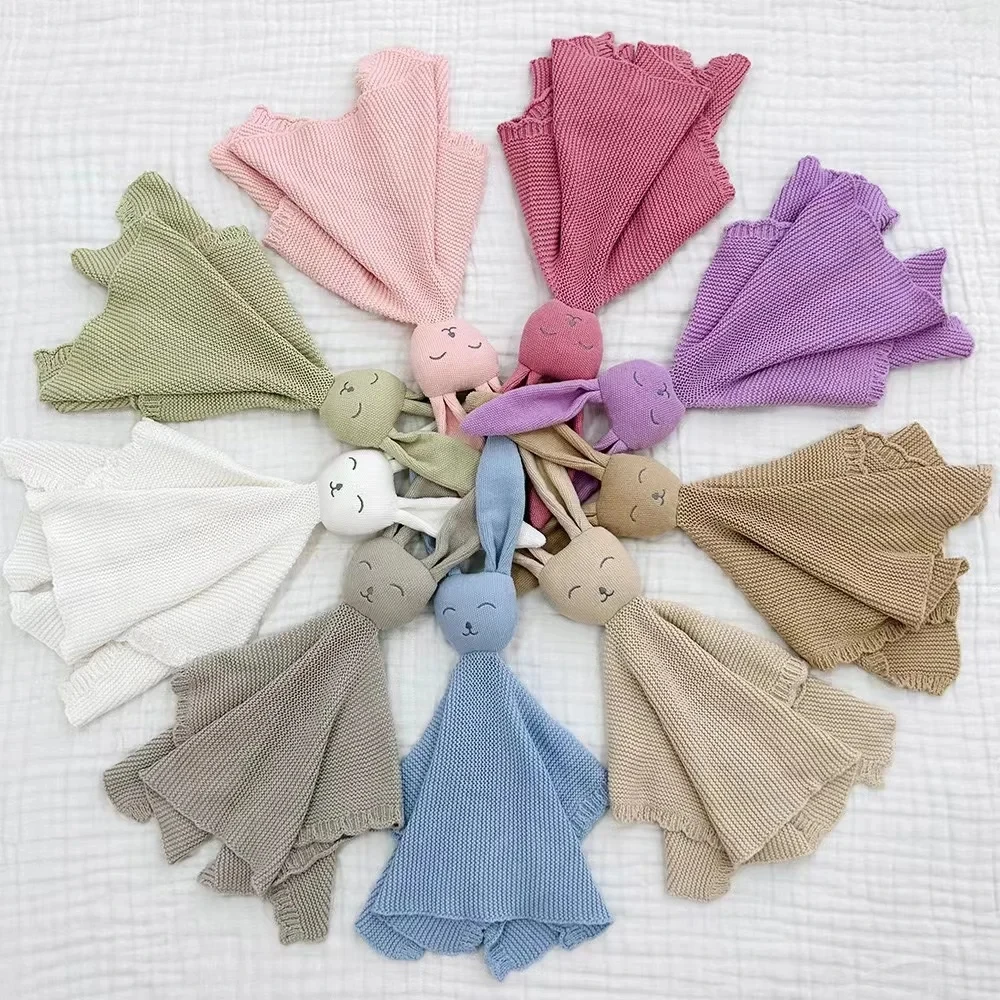 Wholesale Knit Rabbit Head Cuddle Security Blanket 100% Cotton Newborn Baby Bunny Comforter
