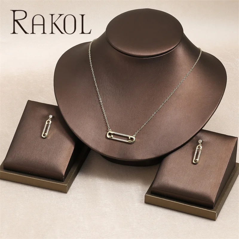 Rakol SP3452 Simple Paper Clip With Zircon Pendant Necklaces Earrings Set Elegant Gold Plated Jewelry Set For Women