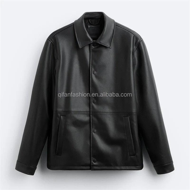 Custom shirt collar plain blank black beige windbreaker leather jacket for men