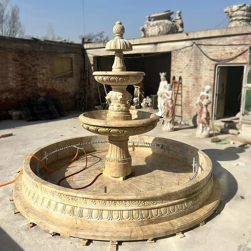 Outdoor Garden Hand Carved Beige Travertine Marble Lions Head Water Fountains For Sale