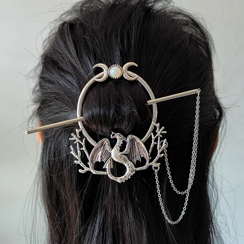 Retro Dragonfly Dragon Moon With Branches Hairstick Silver Dainsy Flower Gothic Witch Hairpin Jewelry For Women