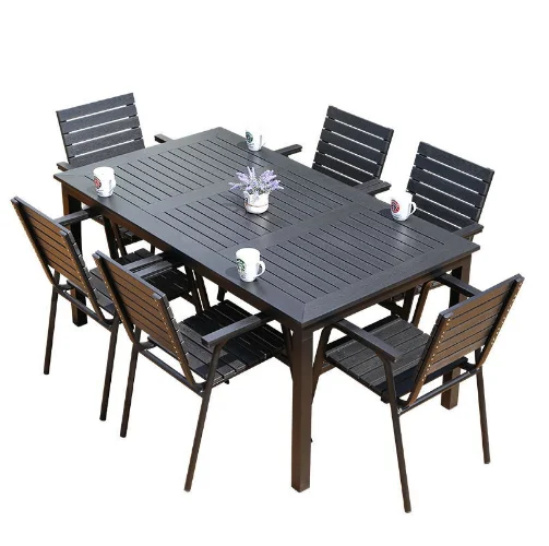 Modern Design  Plastic wood Dining Table and Chairs Set Garden Outdoor Furniture Embalmed leisure long table Villa garden chair
