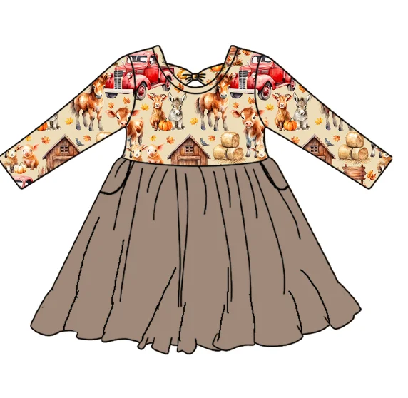 MR090 Halloween Baby Girl Lace Up Dress Custom Print Lovely Dress Baby Girl Pocket Frock