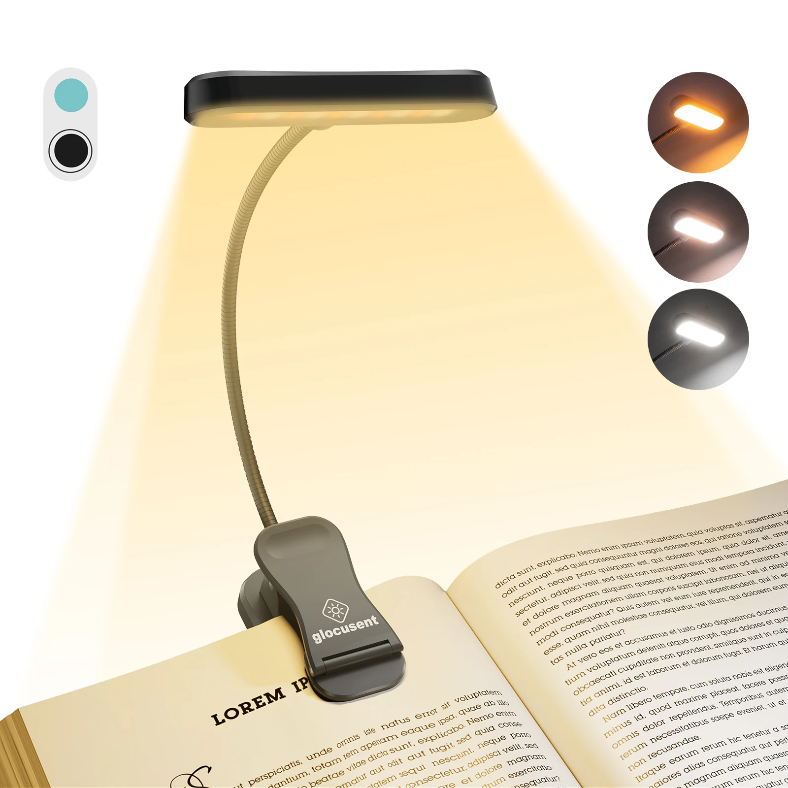 Glocusent Portable Dimmable Amber Flexible Usb Rechargeable Led Clip On Book Light For Reading In Bed