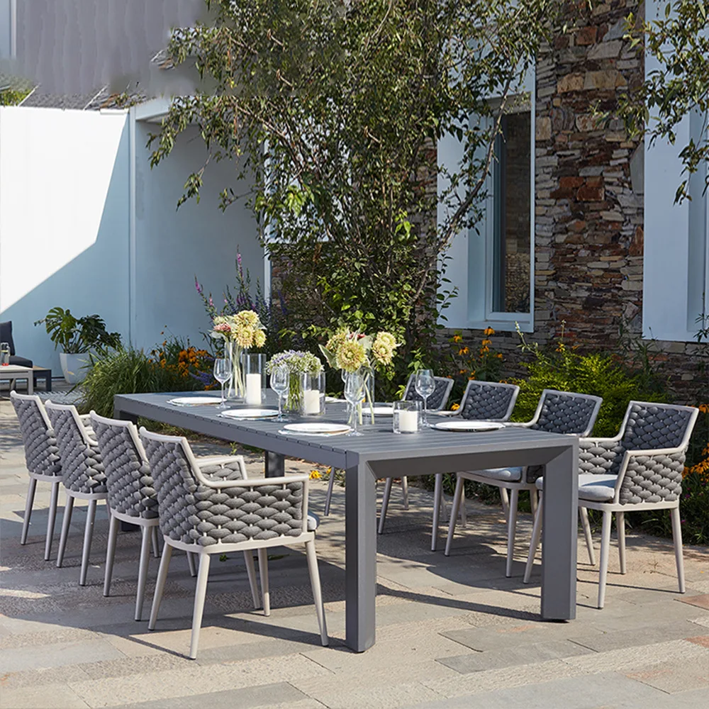 Alibaba outdoor patio garden balcony restaurant furniture set aluminium frame rope chair outdoor garden table and chair set