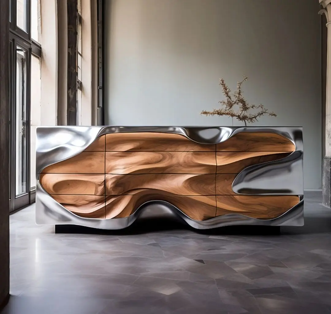 Italian design modern light luxury stainless steel spliced solid wood innovative art sideboard