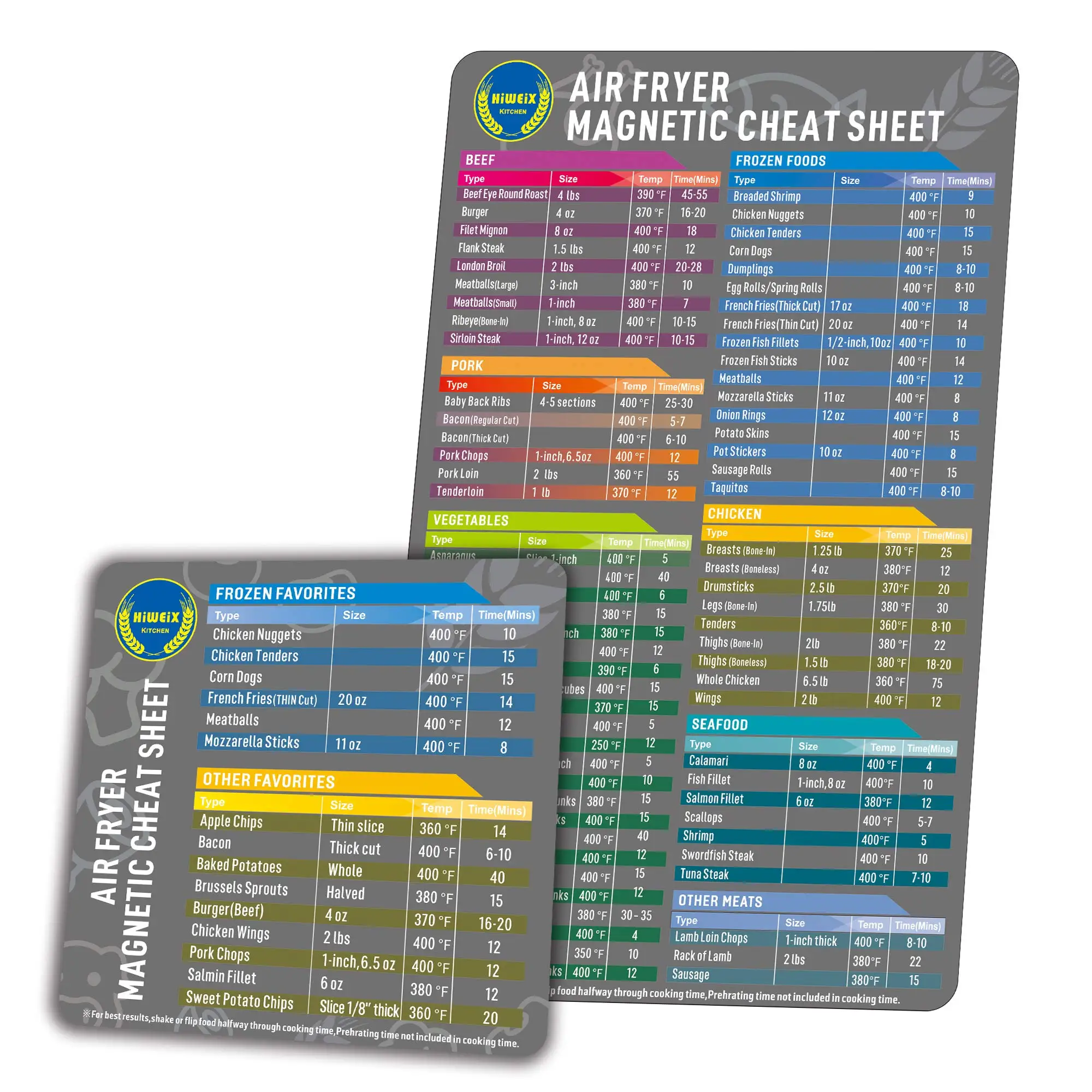 Air Fryer Magnetic Cheat Sheet Set Air Fryer Accessories Cooking Times Chart Air fryer Time Sheet Quick Reference Guide for Cook