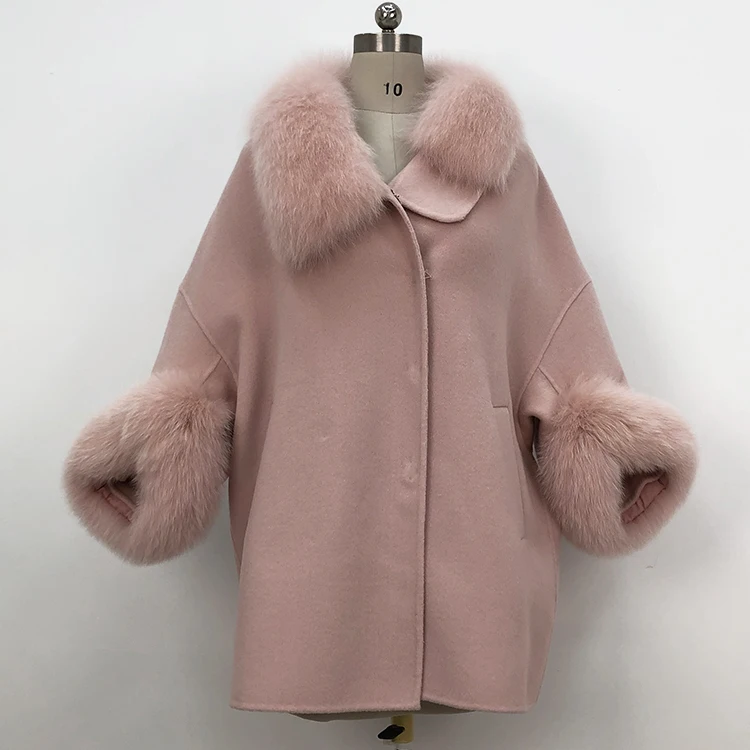 Women new fashion fox fur collar cloak short 100% genuine wool trench coat