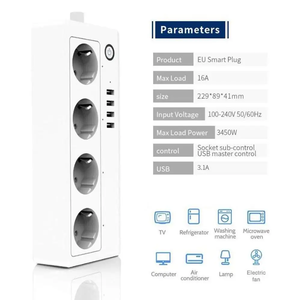  Excel Digital Tuya Wifi штепсельная вилка стандарта ЕС 4 выхода USB 16A умная лента