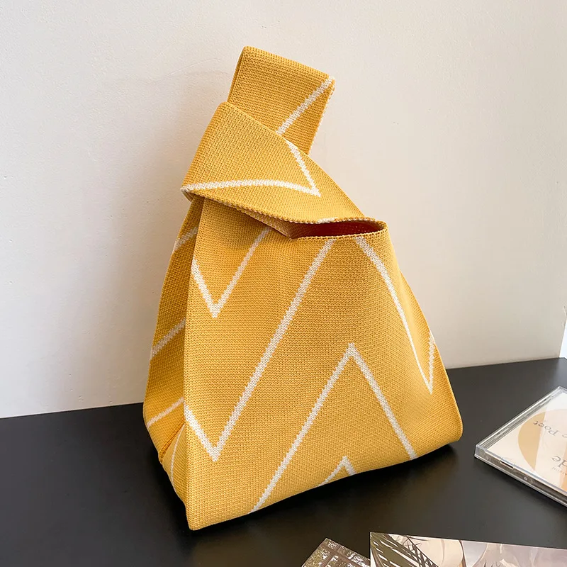 Retro Plain Solid Color Handheld Knitted Bag Wrist Bag Korean Style Small Striped Bag Versatile Knitting Handbag for Women