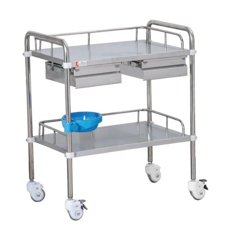 Wholesale Price Stainless Steel Movable Hospital Treatment Medical Trolley Cart With Two Drawers Hospital Furniture trolley