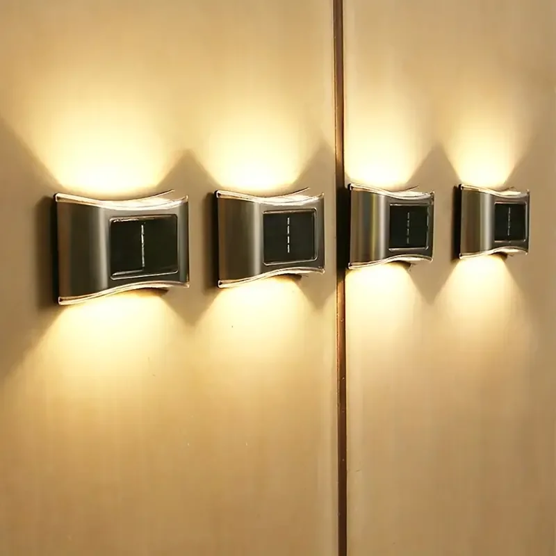 2024 Outdoor Stainless Steel Solar Light Garden Solar Wall Lamp UP and Down Light Warm White Deck Lighting