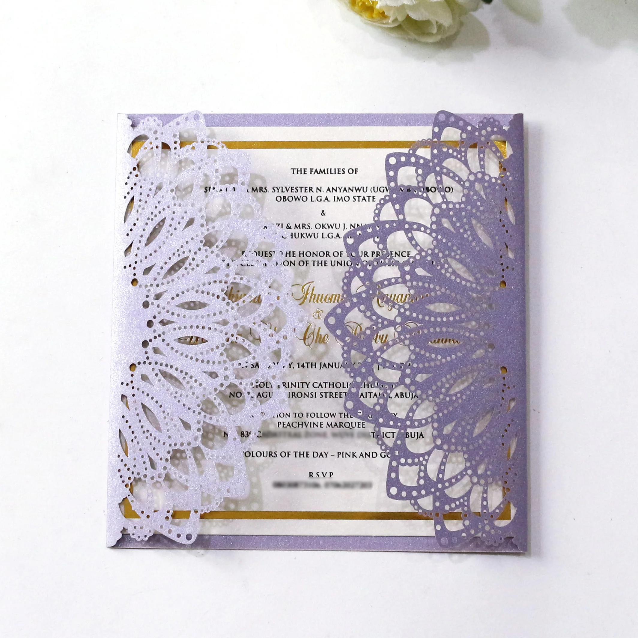 2023 Hot Sale Purple Invitation Card Laser Cut Wedding Invitation Card Design Laser Cut Brand Custom Text