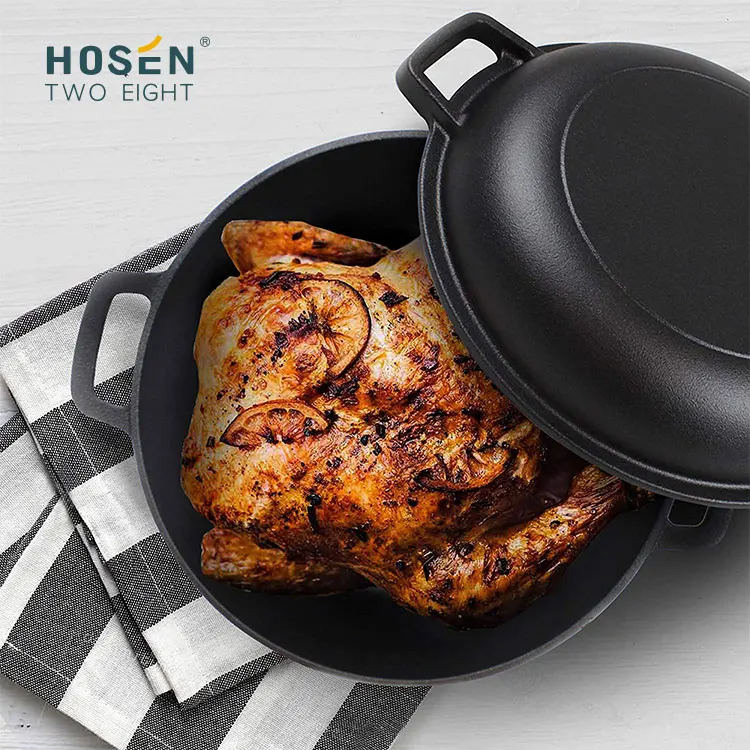 Roasting Dutch Oven With Lid Camping 2 In 1 Enameled Double Round Shape Skillet  Cooker Set Cookware Soup & Stock Pot Fry Pan