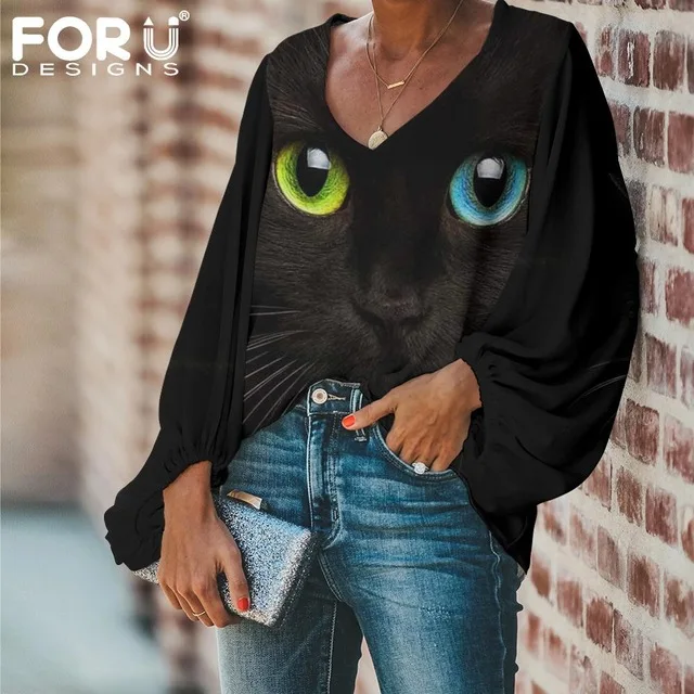 
Plus Size Shirts 3D Evil Black Cat Eyes Casual Loose Shirt Tops V Neck Blouse Chiffon Outerwear Woman Clothes 