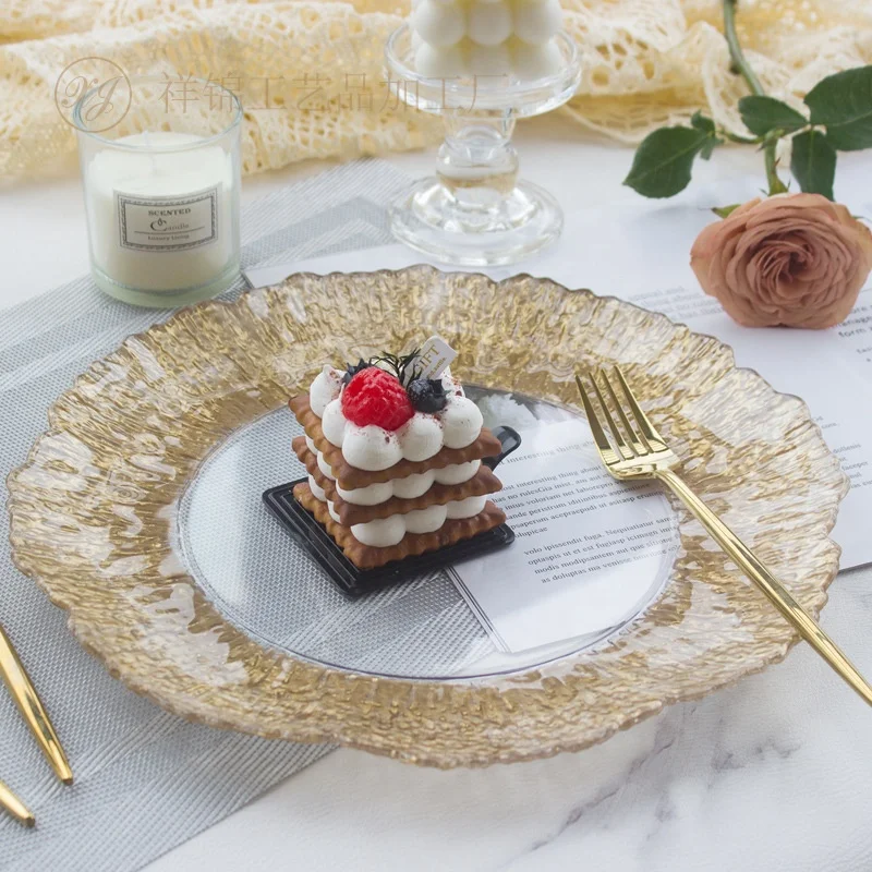 XiangJin 330mm Gold Fancy Rim Glass plastic Charger Plates Wedding Wholesale Western Steak Pad Table Chargers Plates Wedding