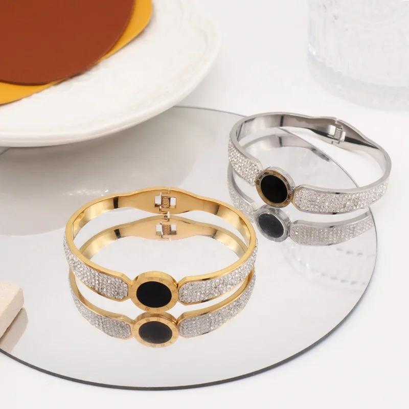 Fashion Women Jewelry Wholesale Custom Bracelet Gold Plated Roman numerals Micro Pave CZ Openable Cuff Stainless Steel Bangle