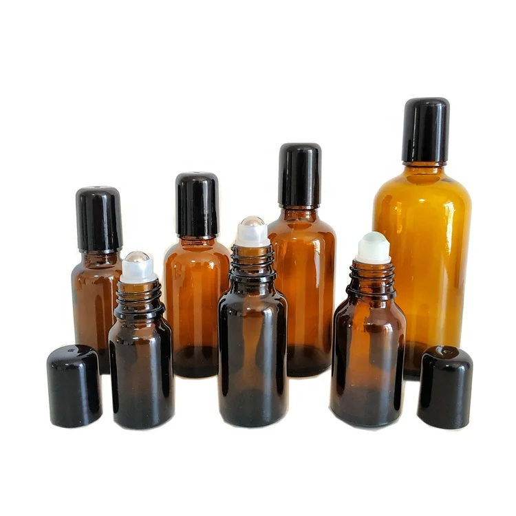 
10ml 15ml 20ml 30ml 50ml 100ml Matte Black Amber Glass Roll on Bottles Stainless Steel Roller Ball for Perfume Essential Oil 