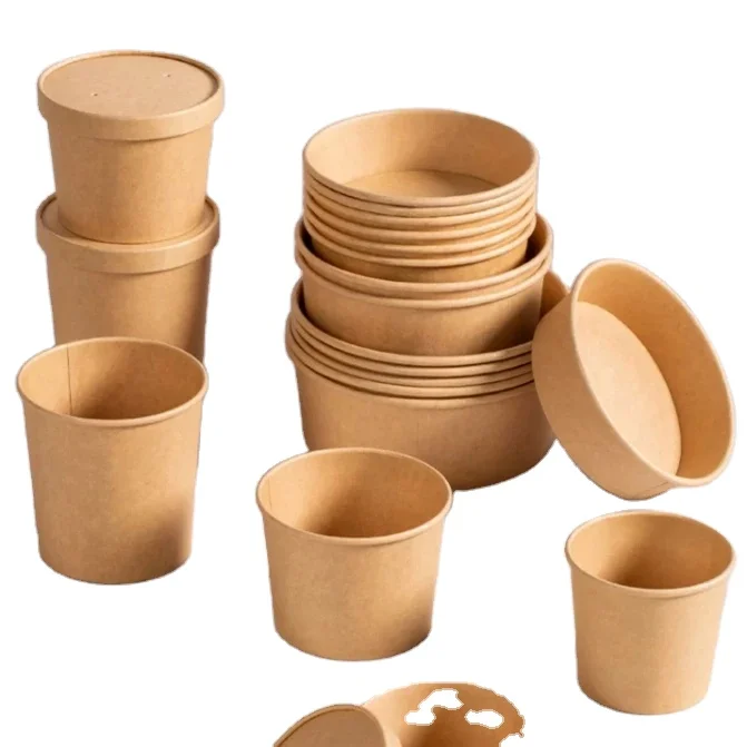 Disposable kraft paper soup cup bowl with paper lid take away lunch packing takeout food packaging with pp lid