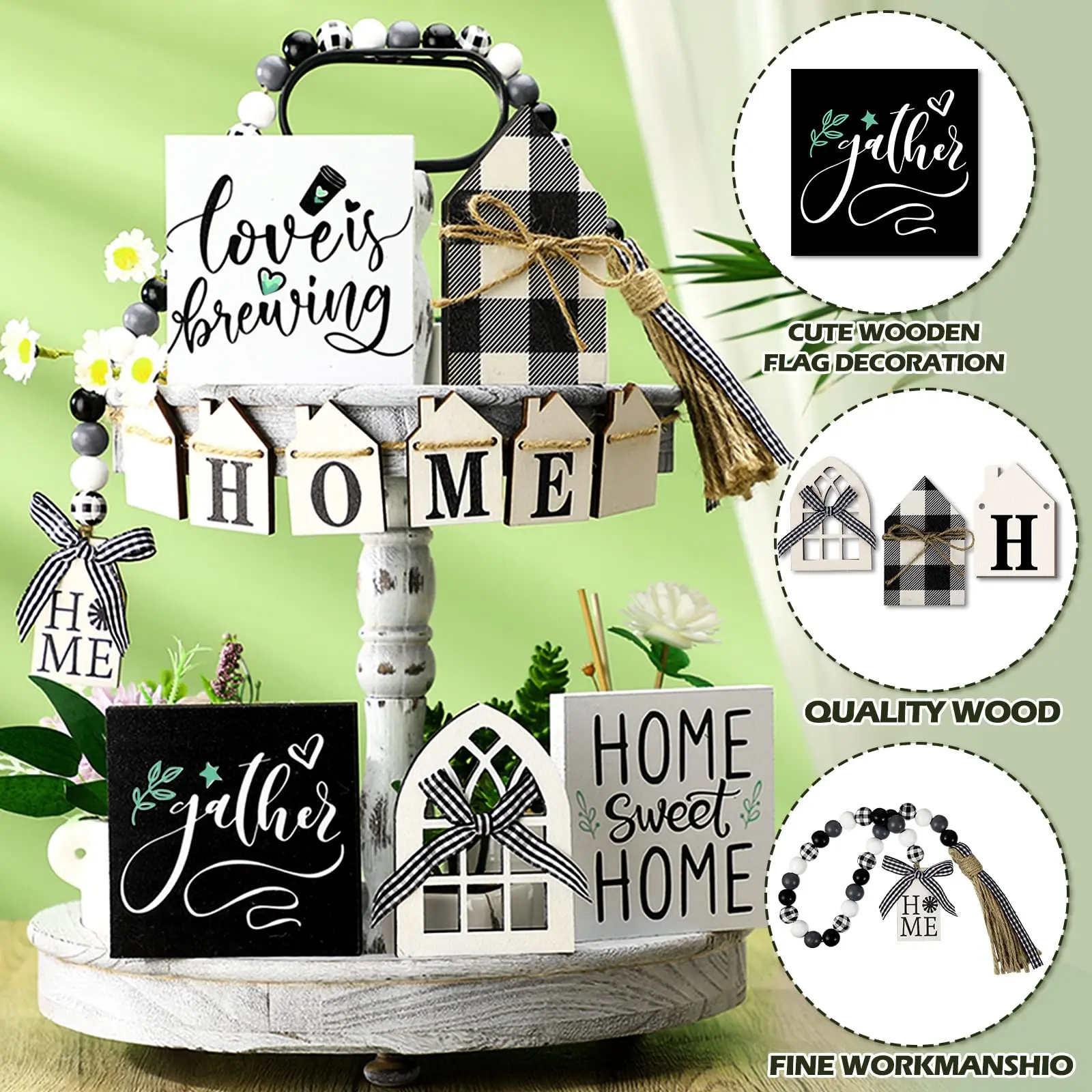 Farmhouse Tiered Tray Decor Rustic Wooden Home Blessed Mini Signs Wood Bead Garland with Tassel Mount Window Frames for Kitchen