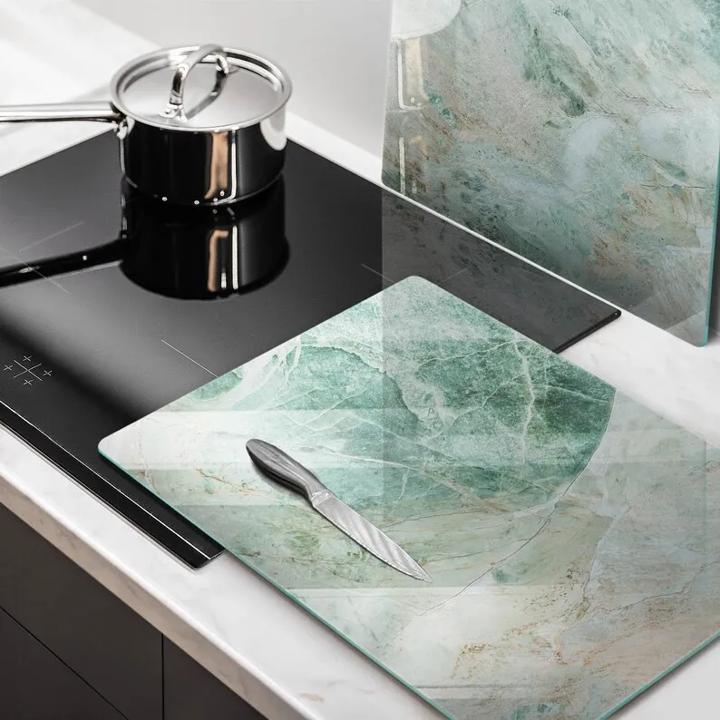 Stone Structure Tempered Glass Splashback as Splash Guard Backsplash Panel in Kitchen with Green Culinary Decor