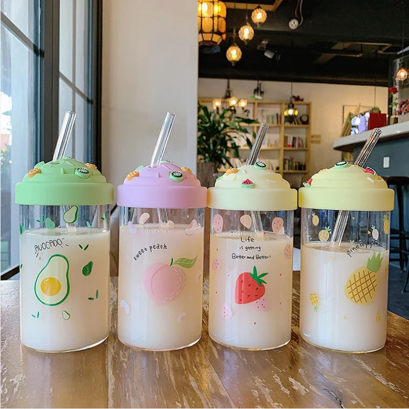 Simple Fruit Transparent Glass Without Bpa Cute Girl Children With Lid Straw Tumbler