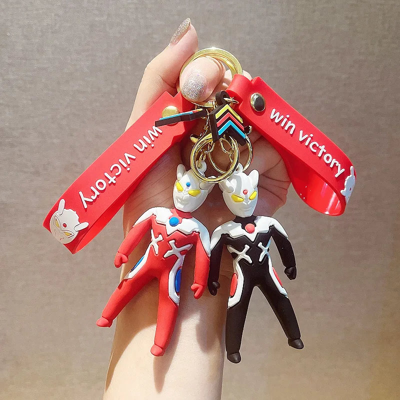 Funny 3D Cartoon Ultraman Keychains with Wrist Strap Wholesale Custom Bag Decoration Doll Pendant Keyrings Gift