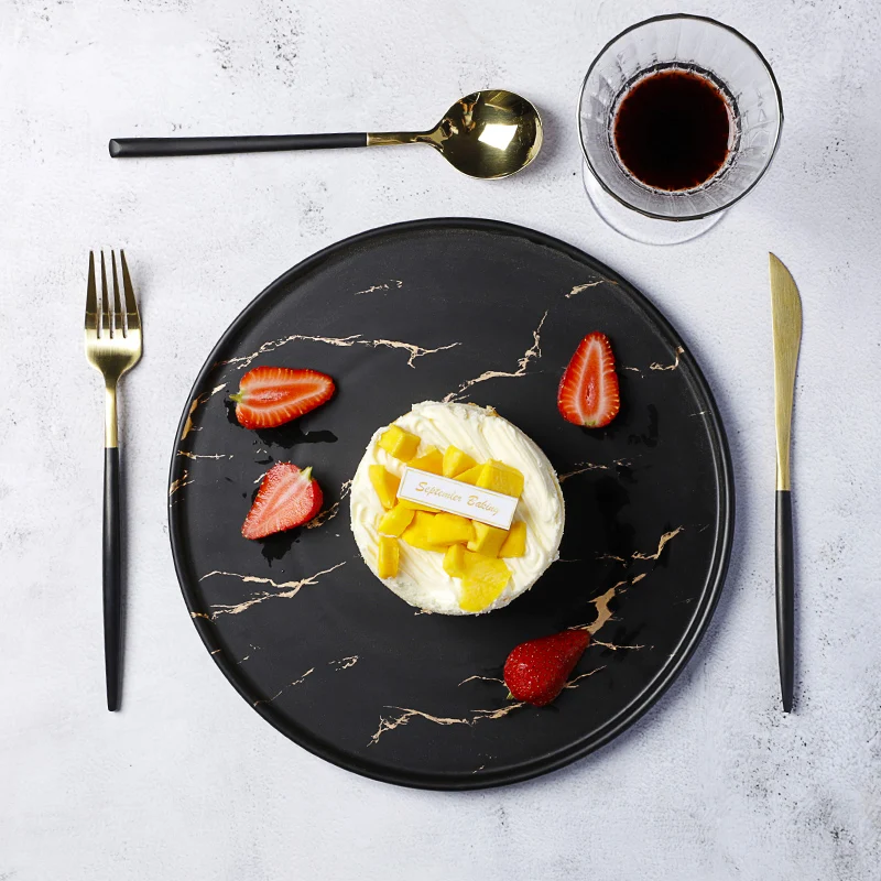 
Made In China Cafe Black Gold Marble Dinner Plate Ceramic Black Dishes Luxury, Black Dinner Dish Marble& 