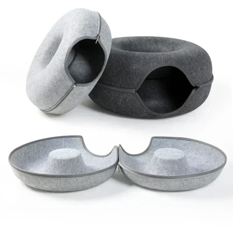 Custom Natural Felt Kitten Cat Cave Nest House Half Closed Sleeping Beds Donut Cat Bed Tunnel For Training Interactive Game Toy