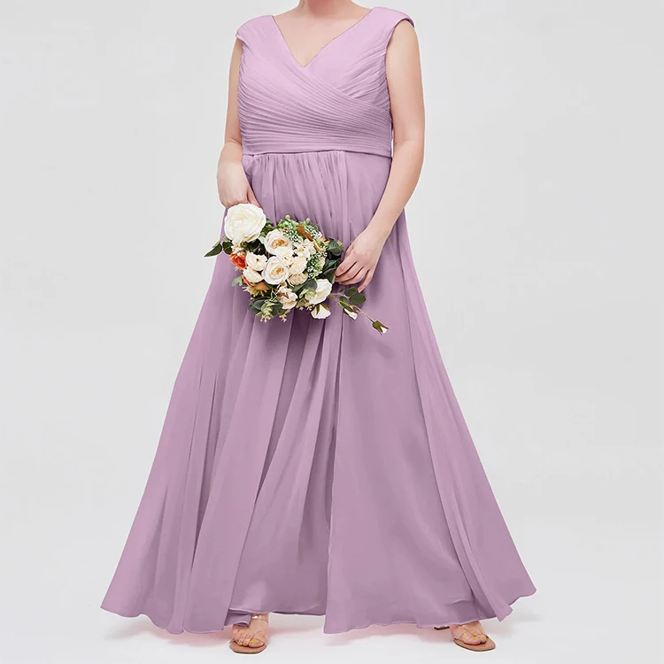 Elegant Sexy Wedding V Neck Floor-length Cap Sleeves Plus Size Chiffon Dresses Bridesmaid Gown for Fat Women