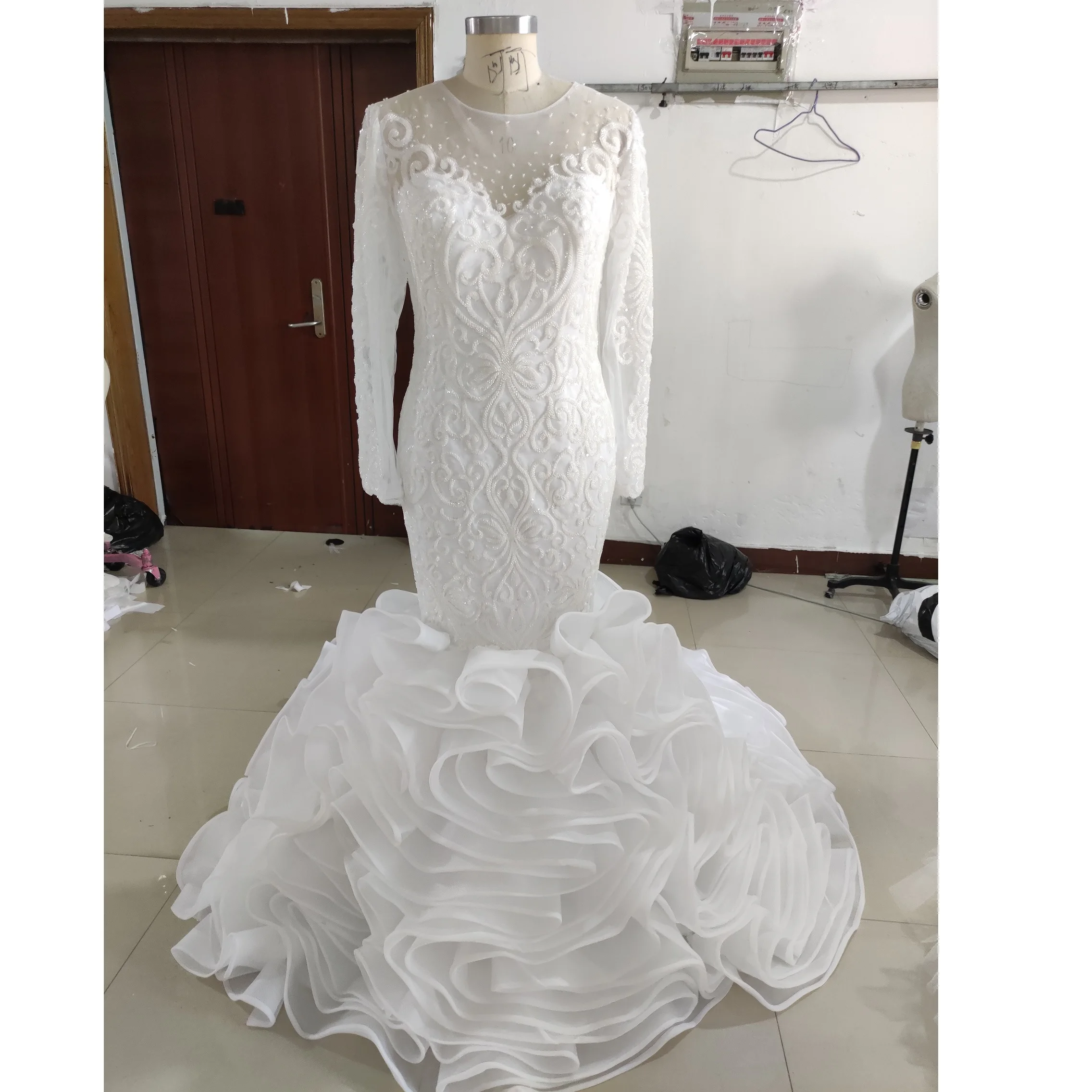 Organza Ruffles Heavy Beaded High Neck Long Sleeve Wedding Gowns Modest Muslim Mermaid Bridal Dresses