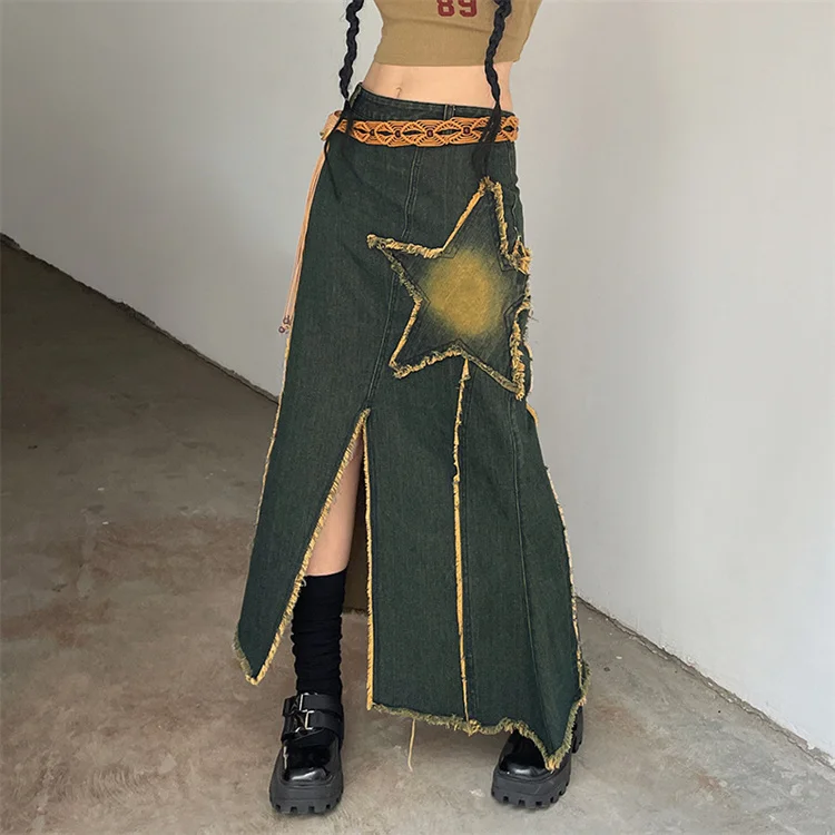 Y2K Women Streetwear Vintage Star Knee Length Denim Midi Skirt Side Split Denim Skirt High Waist Straight Denim Long Skirts