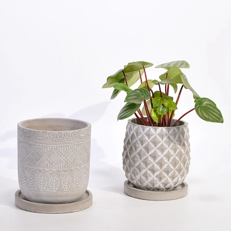 Wholesale Home Balcony Plant Bonsai Diamond Relief Cement Pot Flowerpot With Tray